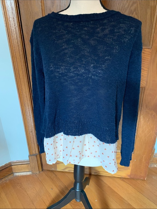 Maison Jules Sweaters - Maison Jules Navy Crewneck Sweater with Cream Layered Hem